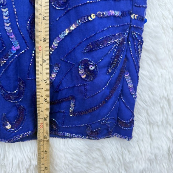 Vintage 80s Beaded Dress Womens M Royal Blue Silk Sequin Gatsby Cocktail Glam - Picture 6 of 8